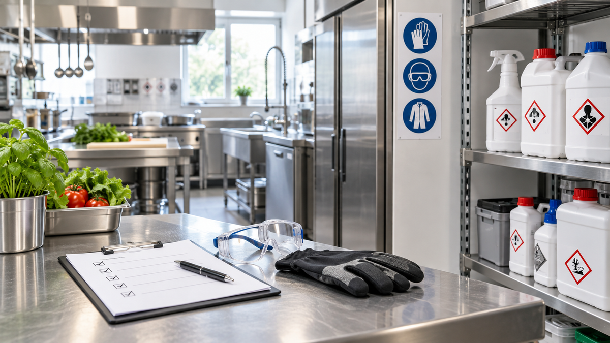 Sicherer Umgang mit Schädlingsbekämpfungsmitteln und Biozidprodukten in der Gastronomie mit Gefahrstoffkennzeichnung und Schutzausrüstung