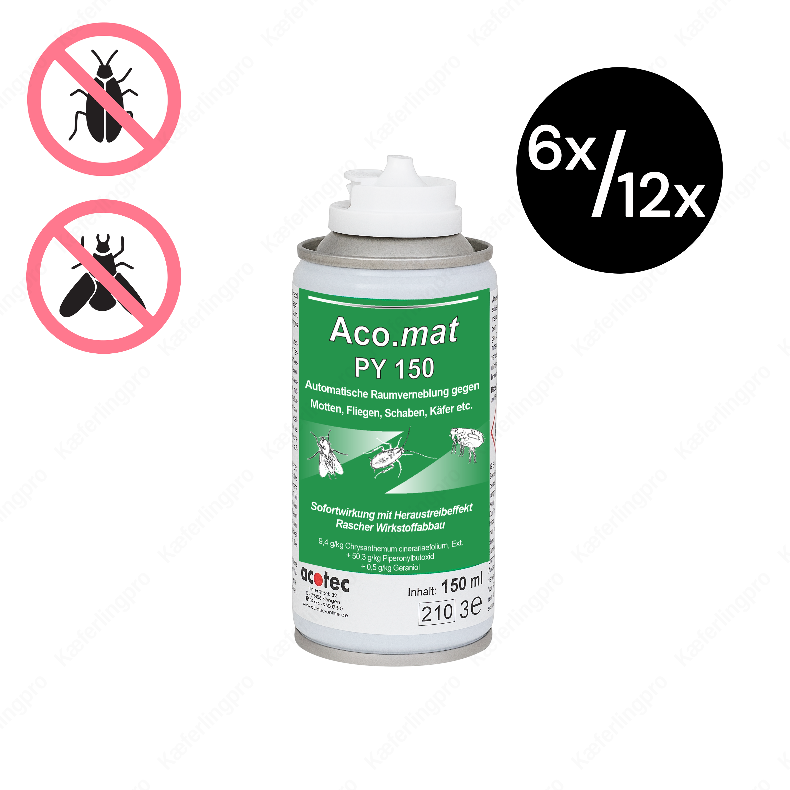 Aco.mat PY 150 Raumvernebler 150 ml – automatische Insektenbekämpfung gegen Motten, Fliegen, Schaben, Käfer und andere Schädlinge. Wirkt sofort mit Hinaustreibeffekt und schnellem Wirkstoffabbau. Erhältlich im 6er- oder 12er-Pack, ideal für Innenräume, Gastronomie und Lager.
