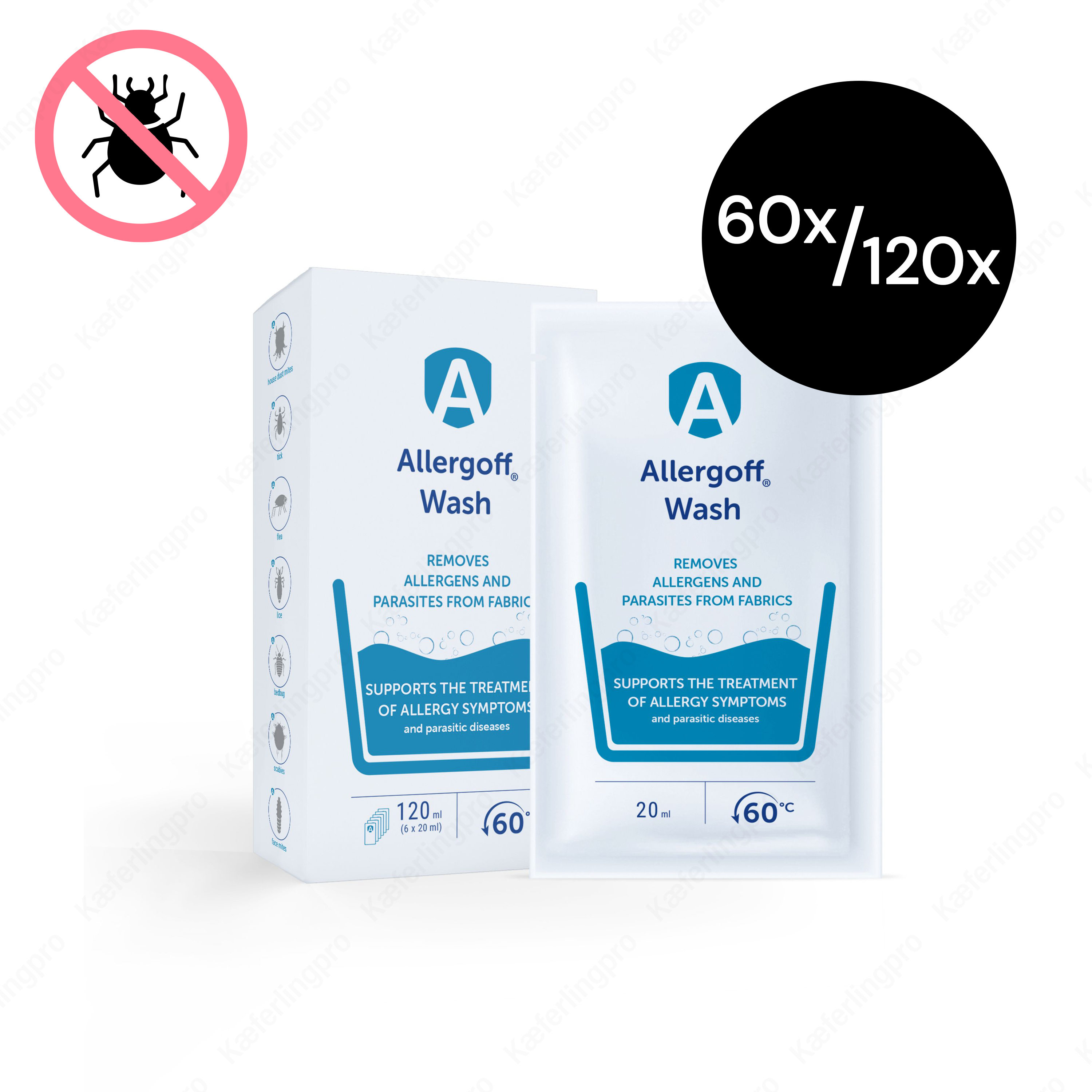 Allergoff Wash Waschzusatz – erhältlich als 60x oder 120x Portionsbeutel. Entfernt Milben, Allergene und Parasiten aus Textilien und unterstützt die Behandlung von Allergiesymptomen sowie parasitären Erkrankungen. Ideal für Bettwäsche, Kleidung und Haushaltsstoffe.