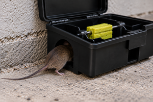 Maus läuft in eine schwarze Köderstation mit befestigtem Detex Blox Monitoring-Köder zur Erkennung und Überwachung von Nageraktivität.