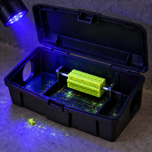 Detex Blox Monitoring-Köder in geöffneter Nagerköderstation unter UV-Schwarzlicht mit fluoreszierenden Spuren zur Erkennung von Nageraktivität.