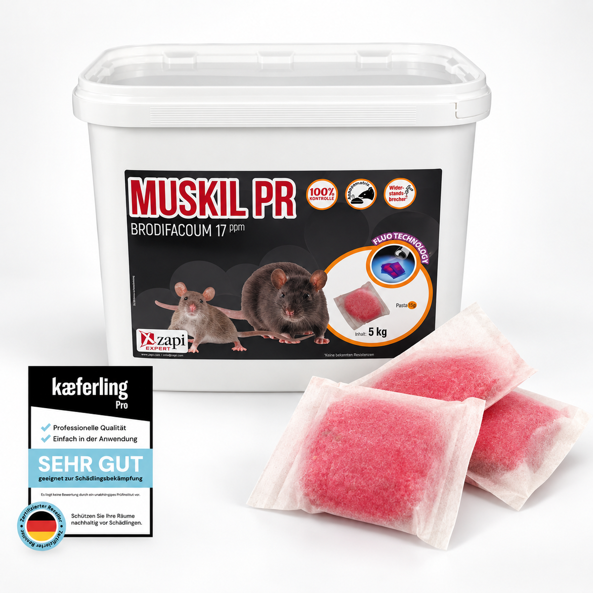 MUSKIL PR fluo RED Pasta 15 g – 5 kg Eimer mit roten Brodifacoum-Portionsbeuteln und Kaeferling Pro Qualitätssiegel