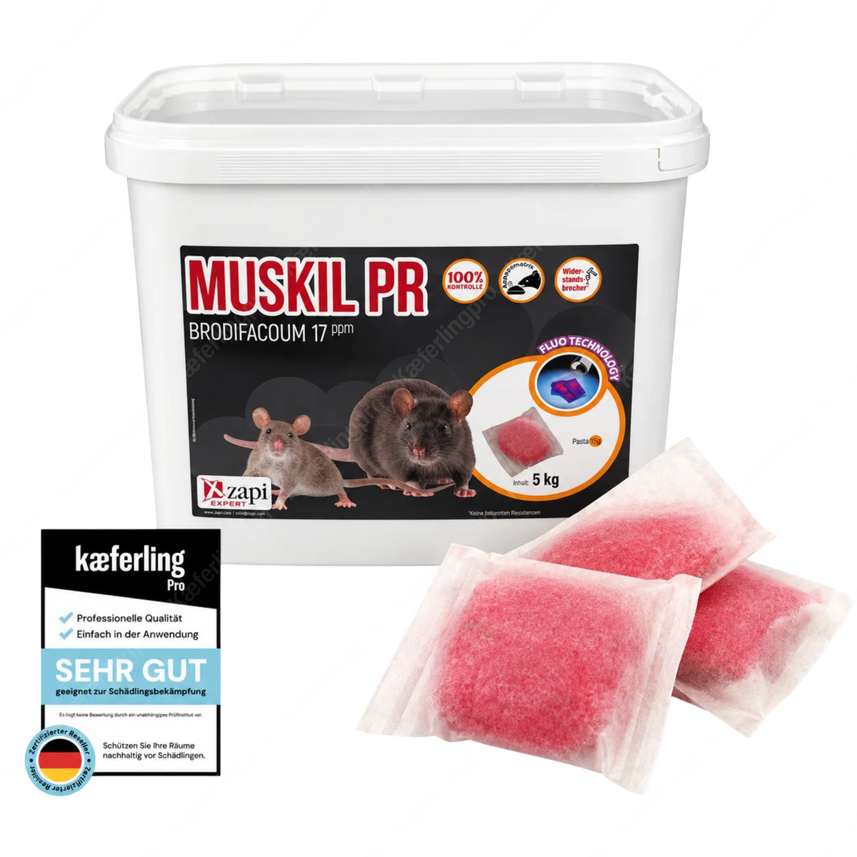 MUSKIL PR fluo RED Pasta 15 g - cebo en pasta con brodifacoum contra ratas y ratones - cubo de 5 kg
