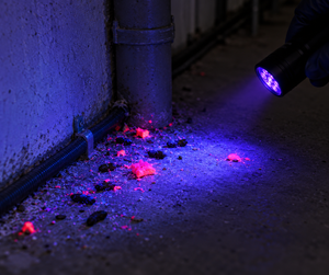 MUSKIL PR fluo RED unter UV-Licht – fluoreszierende Köderreste und Nagerkot zur Nachverfolgung von Laufwegen