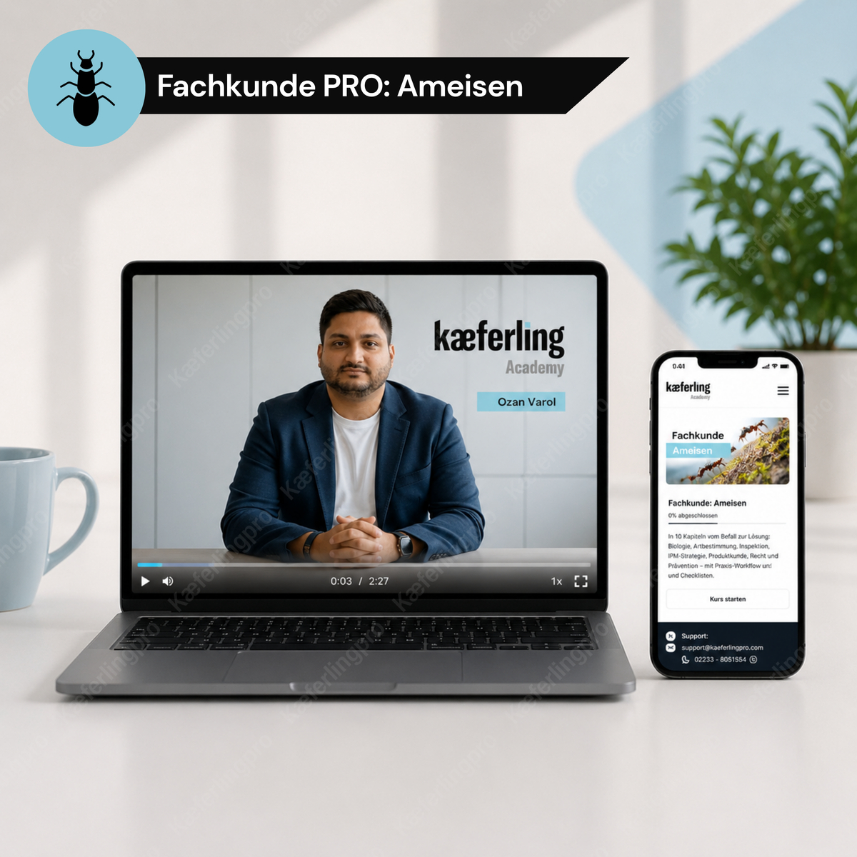 Online-Kurs ‚Fachkunde PRO: Ameisen der Kaeferling Academy auf Laptop und Smartphone mit Kursvideo und mobiler Lernplattform.