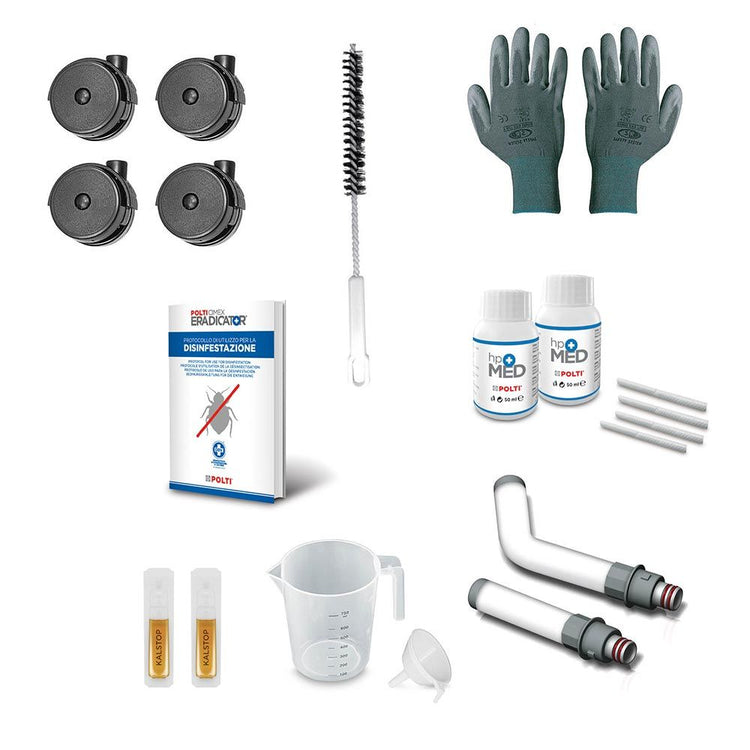 Das Bild zeigt das umfangreiche Zubehör-Set für den Polti Cimex Eradicator. Enthalten sind verschiedene Ersatzteile, eine praktische Reinigungsbürste, Schutzhandschuhe, zwei Flaschen HPMed-Lösung, Kalstop-Ampullen zur Entkalkung, sowie Messbecher und Anleitung. Diese Ausstattung unterstützt die optimale Anwendung des Dampfgeräts, sorgt für hygienische Reinigung, verlängert die Lebensdauer und steigert die Wirksamkeit bei der Bekämpfung von Bettwanzen. Ideal für den professionellen Einsatz und die sichere Ha
