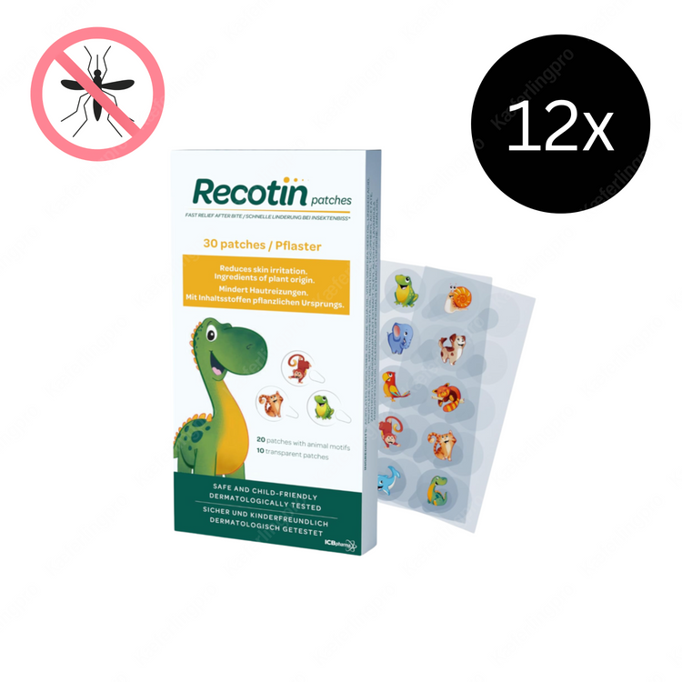 Das Bild zeigt eine Packung Recotin Patches, hautfreundliche Pflaster zur Linderung von Hautirritationen nach Insektenstichen. Enthalten sind 30 Pflaster (20 Stück mit bunten Tiermotiven, 10 transparente). Die Inhaltsstoffe sind pflanzlichen Ursprungs und beruhigen die Haut schnell und zuverlässig. Besonders geeignet für Kinder, da die Pflaster sicher, dermatologisch getestet und kinderfreundlich gestaltet sind. Ideal für den Einsatz im Alltag, auf Reisen oder im Urlaub, um nach Mückenstichen oder Insektenb
