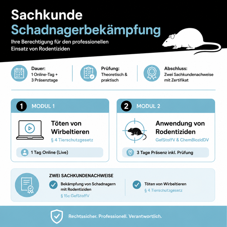 Infografik zur Sachkunde Schadnagerbekämpfung mit Kursaufbau, Prüfung und Sachkundenachweisen für den professionellen Einsatz von Rodentiziden.
