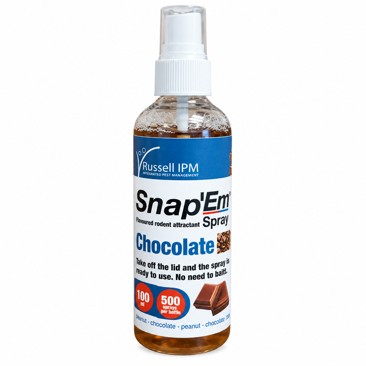 Snap’Em Chocolate Schokolade 100 ml Lockstoffspray für Ratten und Mäuse von Russell IPM zur Unterstützung von Köderstationen und Nagerfallen.