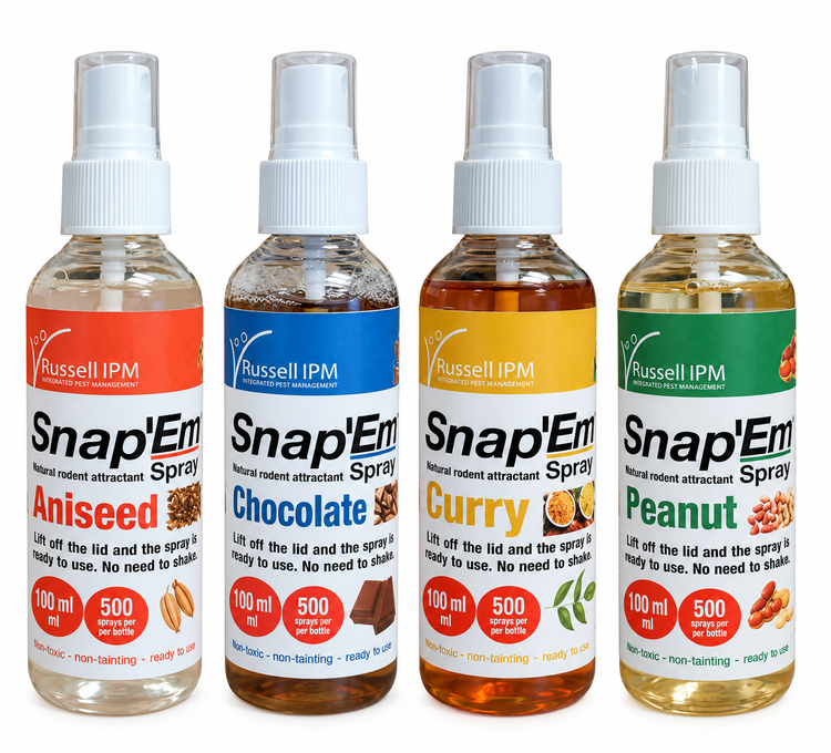 Vier Snap’Em Lockstoffsprays von Russell IPM in 100-ml-Sprühflaschen vor weißem Hintergrund. Zu sehen sind die vier Duftvarianten Aniseed, Chocolate, Curry und Peanut mit farblich unterschiedlichen Etiketten in Rot, Blau, Gelb und Grün. Die gebrauchsfertigen Lockstoffsprays sind für Ratten und Mäuse vorgesehen und können zur Unterstützung an Fallen und Köderstationen eingesetzt werden. Jede Flasche ist mit Sprühkopf und Schutzkappe ausgestattet und enthält laut Etikett bis zu 500 Sprühstöße.
