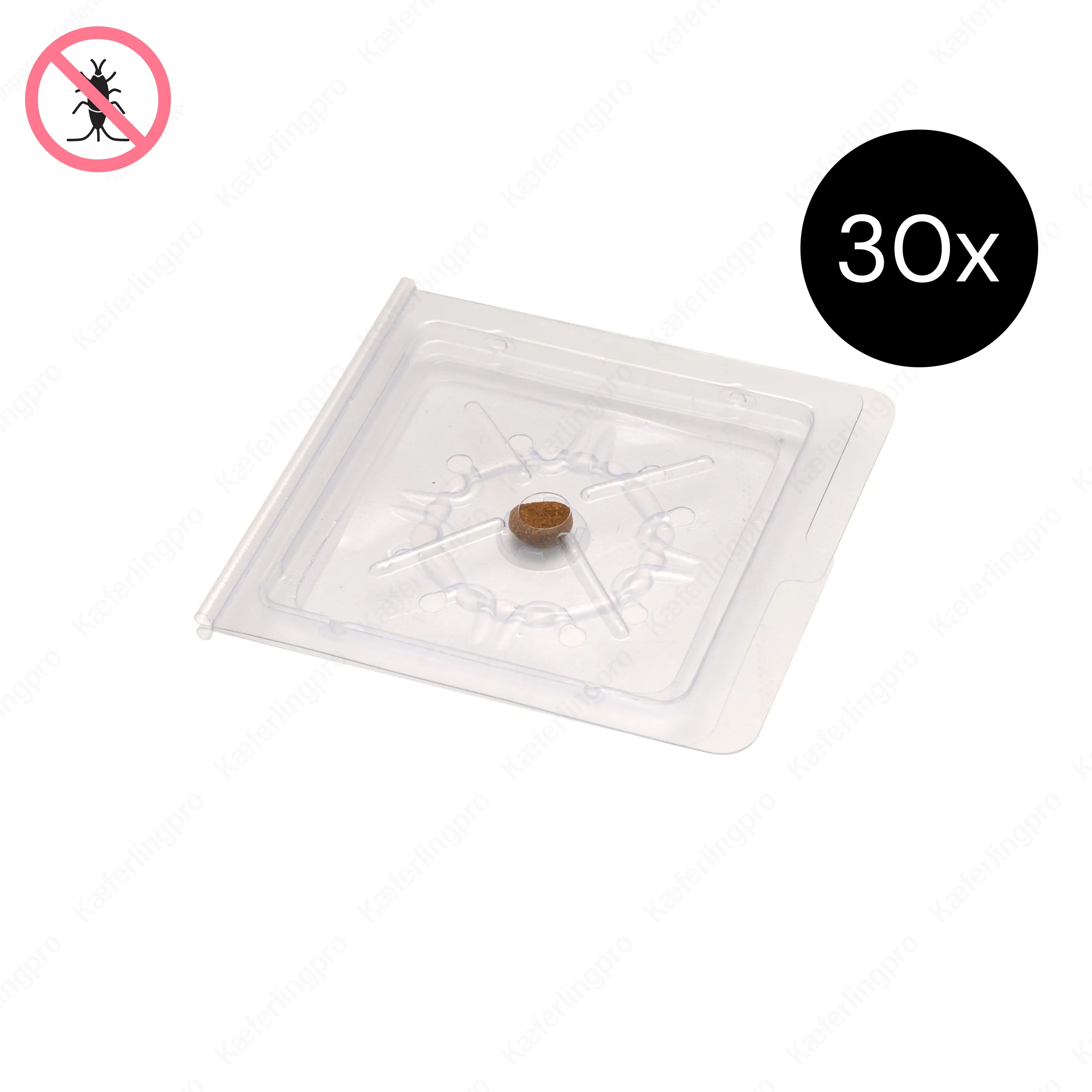 Das Bild zeigt eine transparente Klebefalle mit Lockstofftablette, die speziell zur Bekämpfung von Silberfischen entwickelt wurde. Die Falle lockt die Insekten zuverlässig an und hält sie sicher auf der Klebefläche fest. Sie ist völlig giftfrei, geruchlos und eignet sich ideal für den Einsatz in Küche, Bad, Schlafzimmer oder Vorratsräumen. Durch das 30er-Set ist eine langfristige Überwachung und Bekämpfung von Silberfischen möglich.