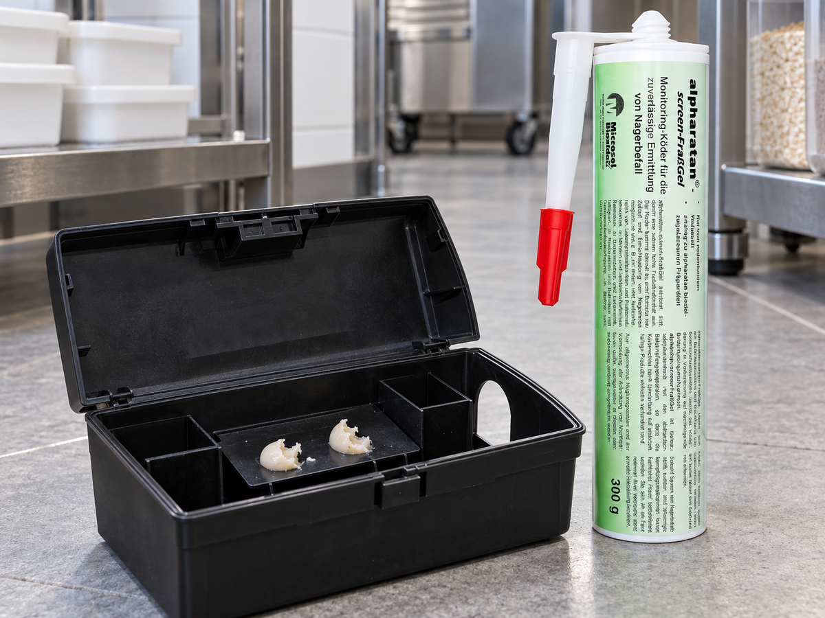alpharatan SCREEN Fraß-Gel in einer Mäuseköderstation – wirkstofffreies Lockstoffgel mit sichtbaren Fraßspuren für professionelles Nager-Monitoring