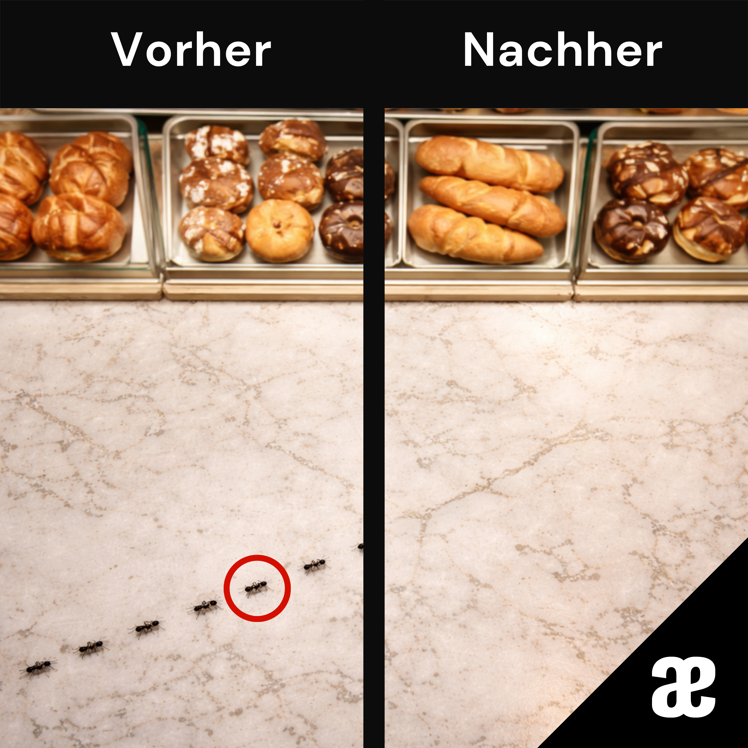 Vorher-nachher-Bild von Ameisenbefall in einer Bäckerei nach Schädlingsbekämpfung