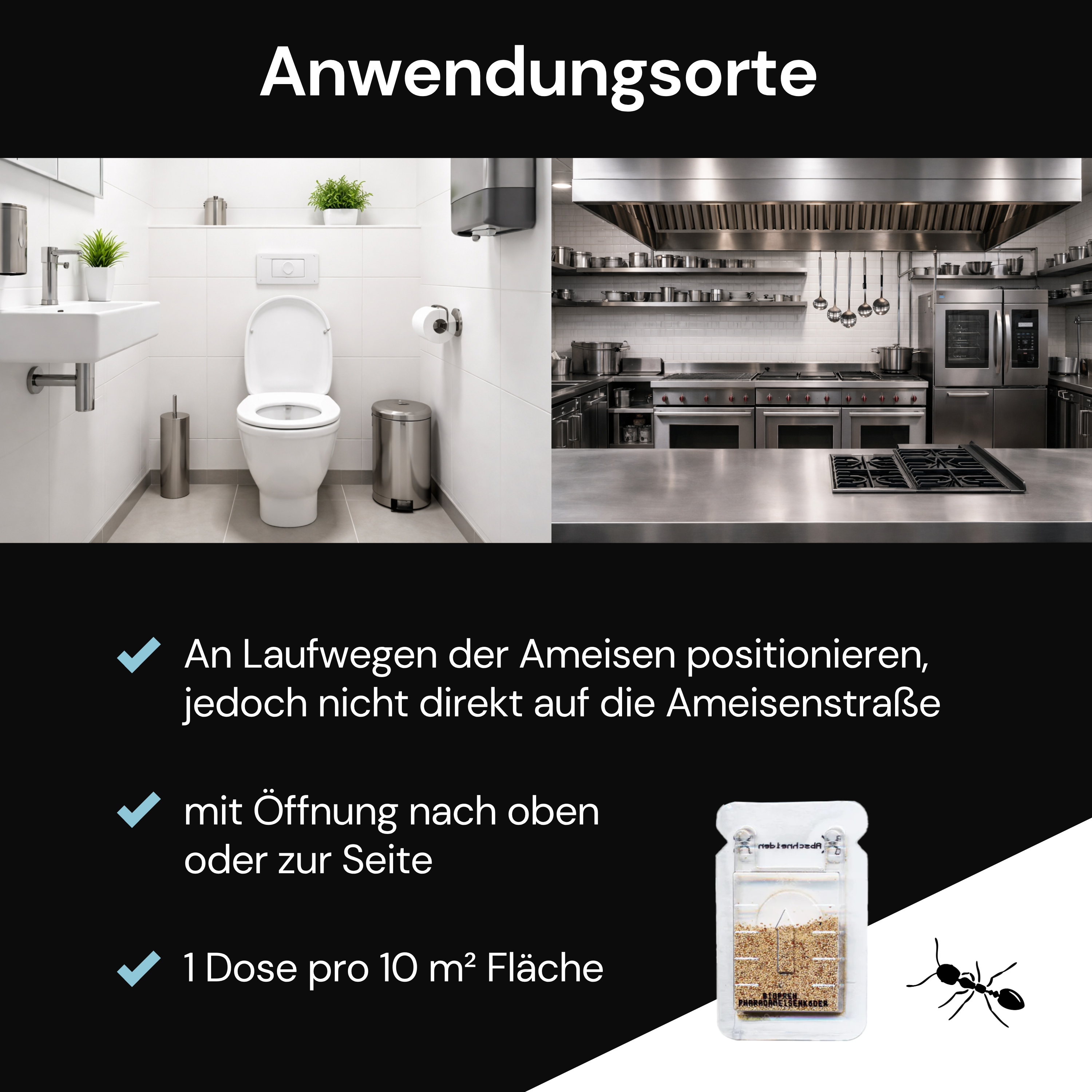 Anwendungsorte für Ameisenköderdosen in Bad und Küche mit Hinweisen zur Platzierung in der Schädlingsbekämpfung