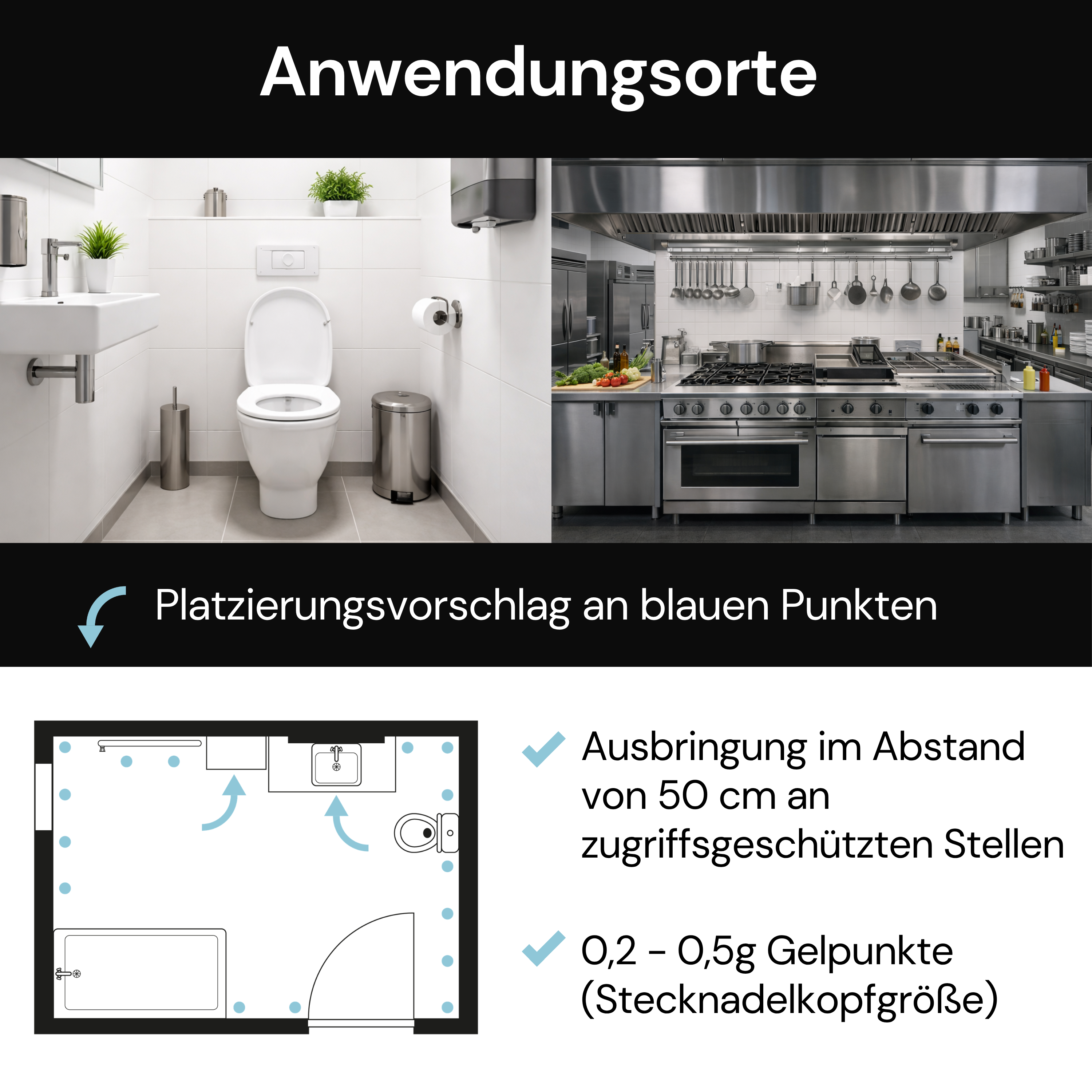 Anwendungsorte für Gelpunkte in Bad und Großküche bei der Schädlingsbekämpfung mit Platzierungsvorschlag im Raumplan