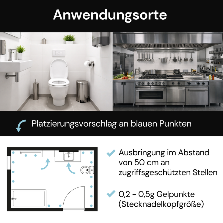 Anwendungsorte für Gelpunkte in Bad und Großküche bei der Schädlingsbekämpfung mit Platzierungsvorschlag im Raumplan