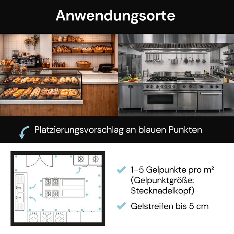 Anwendungsorte für Gelköder in Bäckerei und Großküche mit Platzierung von Gelpunkten im Küchenplan