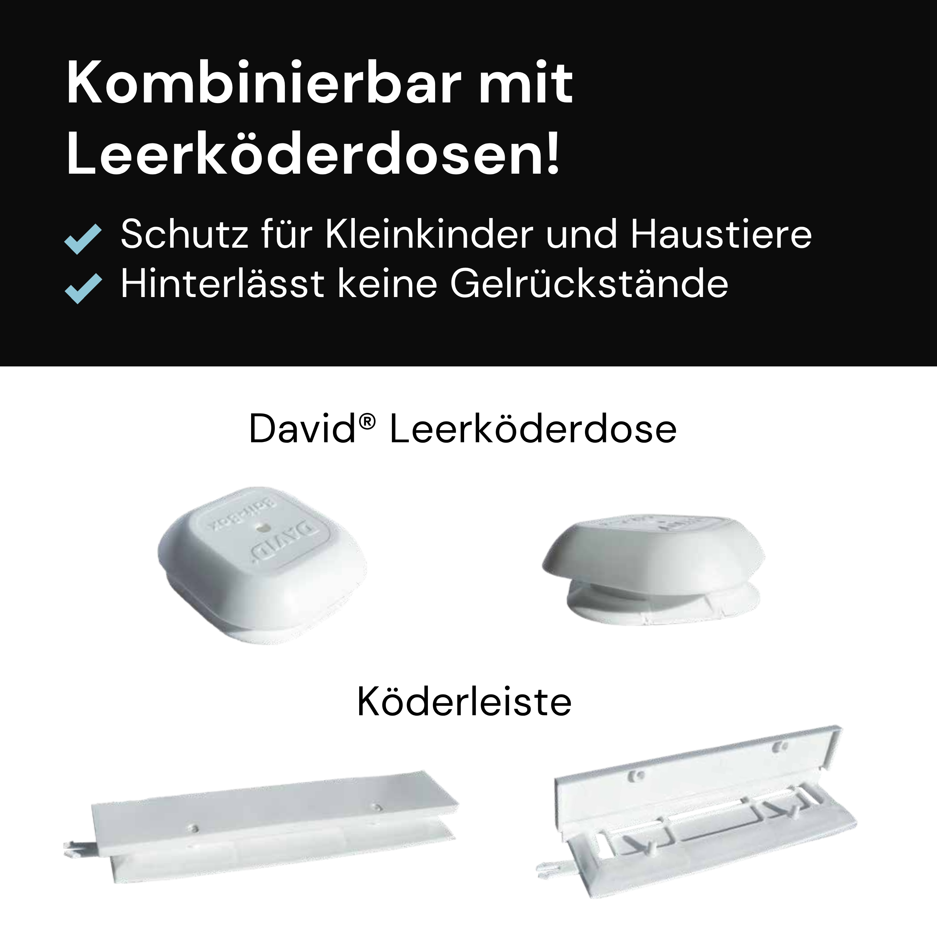 Leerköderdose und Köderleiste für Gelköder in der Schädlingsbekämpfung, kindersicher und ohne Gelrückstände