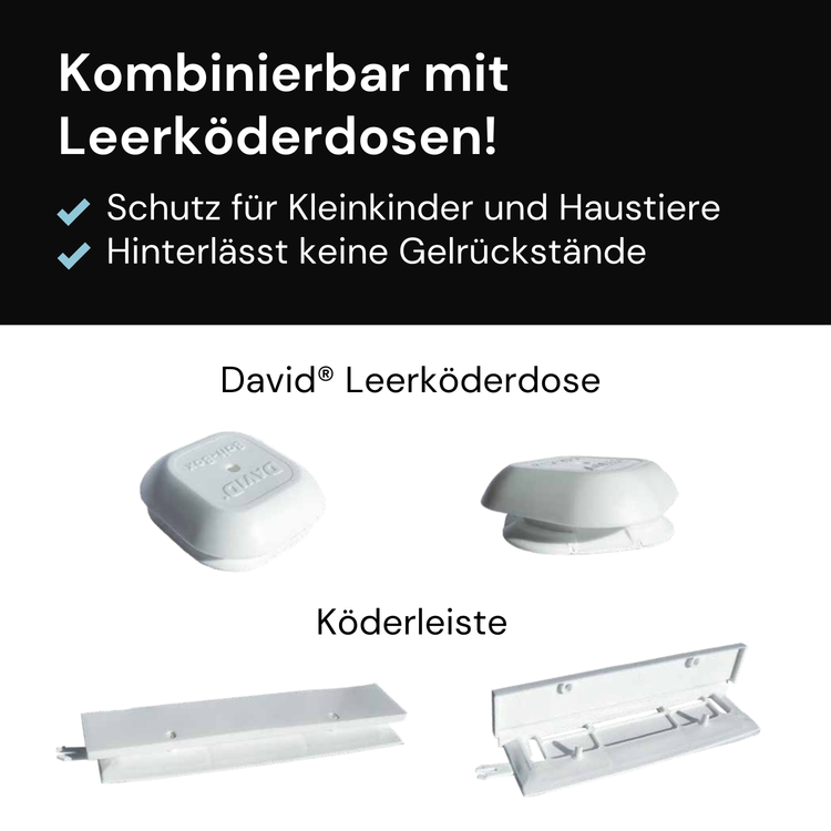 Leerköderdose und Köderleiste für Gelköder in der Schädlingsbekämpfung, kindersicher und ohne Gelrückstände