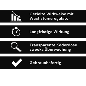 Infografik zur Schädlingsbekämpfung mit Vorteilen einer Köderdose mit Wachstumsregulator, langfristiger Wirkung, transparenter Kontrolle und gebrauchsfertiger Anwendung