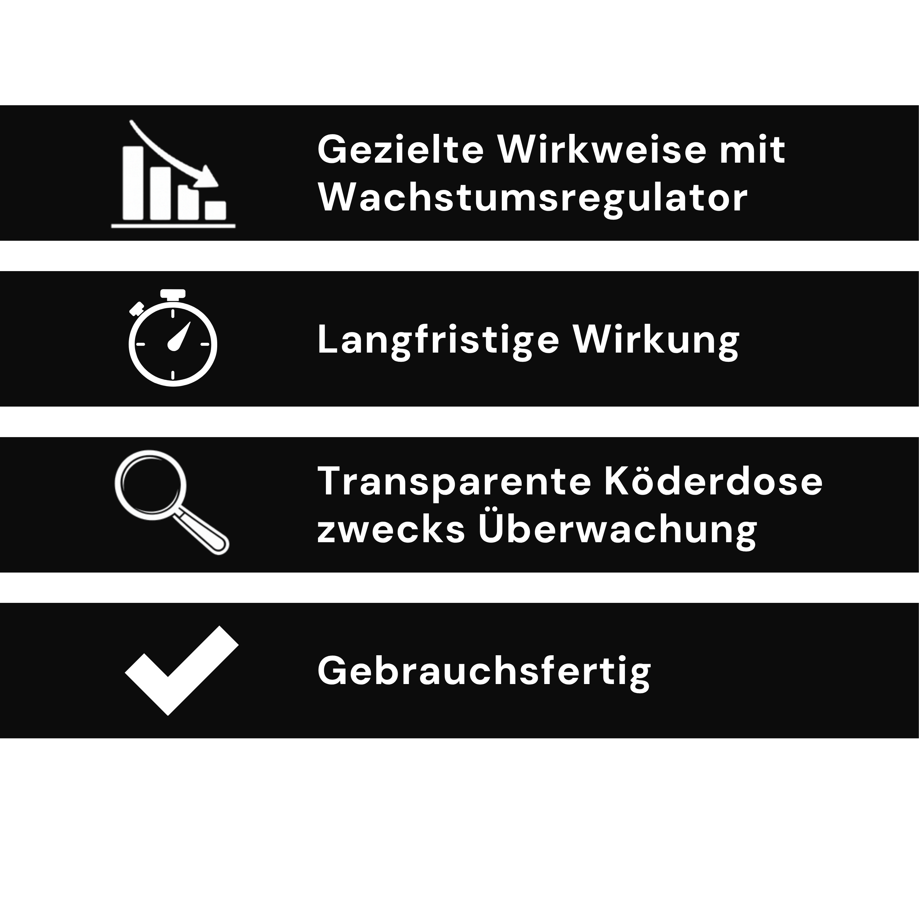 Infografik zur Schädlingsbekämpfung mit Vorteilen einer Köderdose mit Wachstumsregulator, langfristiger Wirkung, transparenter Kontrolle und gebrauchsfertiger Anwendung