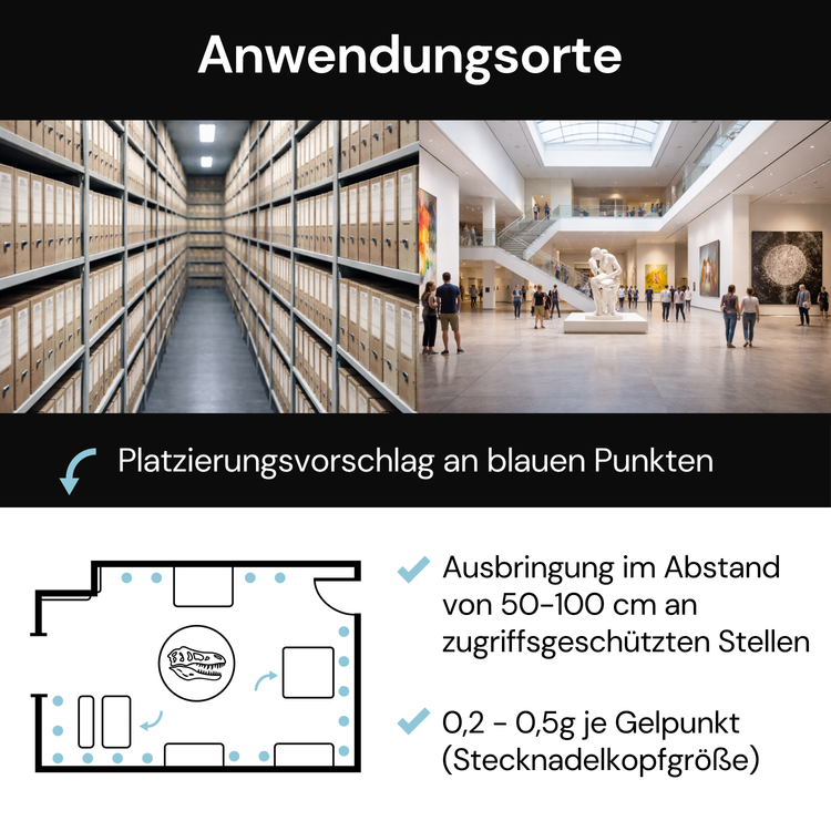 Anwendungsorte für Papierfischchenbekämpfung in Archiv und Museum mit Platzierung von Gelpunkten im Raumplan