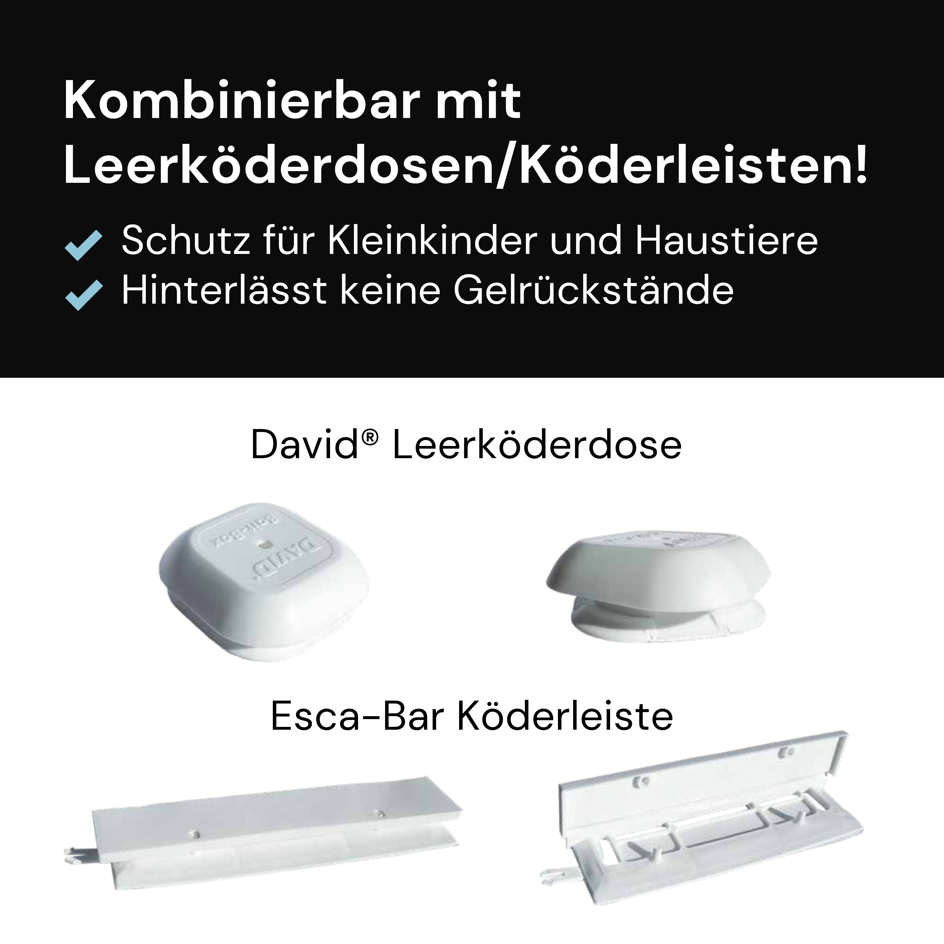 Leerköderdose und Köderleiste für Gelköder in der Schädlingsbekämpfung gegen Papierfischchen, kindersicher und ohne Gelrückstände